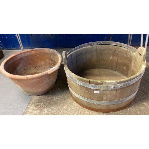 545 - Traditional Welsh dairy pan/crochan together with a coopered wooden two handled dairy pan.  (2)  (B.... 