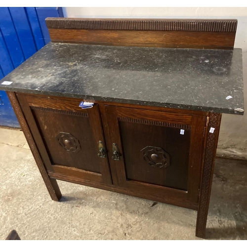 548 - 1920's oak marble top wash stand with cupboard base.  88cm wide approx.  (B.P. 21% + VAT)