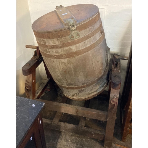 550 - Llewellin & Sons oak coopered and metal banded butter churn on stand.   (B.P. 21% + VAT)