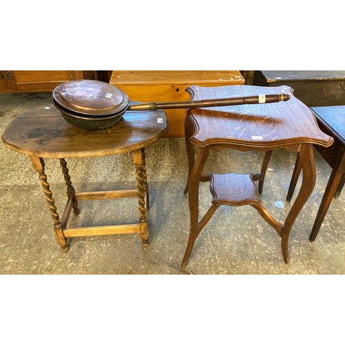 556 - Edwardian oak serpentine topped occasional table with under shelf, another oval oak occasional table... 