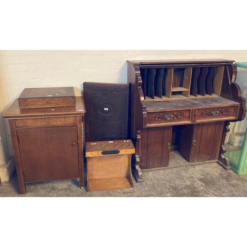 564 - Edwardian writing desk fashioned originally from a pedal organ, together with an oak sewing machine ... 