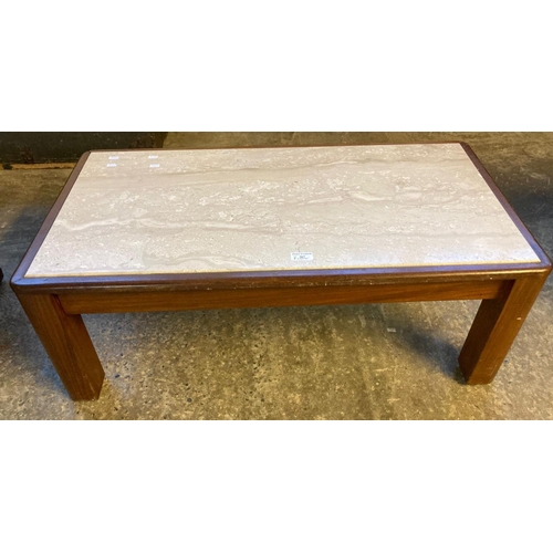 567 - Modern marble topped hardwood low coffee table.  87cm wide approx.  (B.P. 21% + VAT)