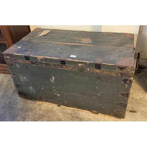 568 - 19th century metal mounted stained pine trunk with metal interior.  88cm wide approx.  (B.P. 21% + V... 