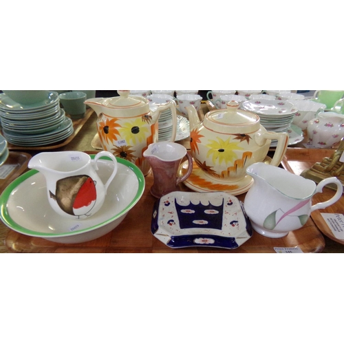 345 - Tray of assorted ceramics: brightly decorated vintage Arthur Wood teapot and stand with coffee pot, ... 