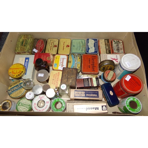 351 - Box containing various vintage tins and tubes of cream etc.: glass eye bath, Gee's Linctus Pastilles... 