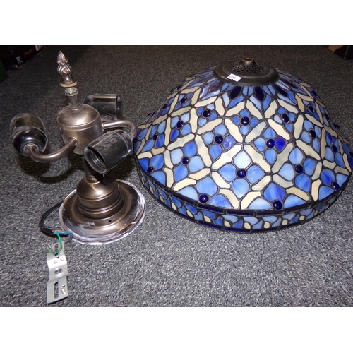 353 - Metal lamp base with arrangement for three light bulbs and very large blue and cream Tiffany style l... 