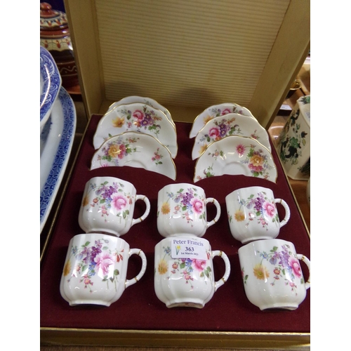 363 - Set of six Royal Crown Derby 'Derby Posies' teacups and saucers in original box, transfer printed wi... 