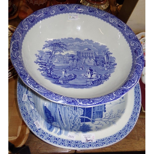 364 - Large 19th century Spode meat plate with gravy well, 'Tiber' pattern, and a large Cauldon ware basin... 