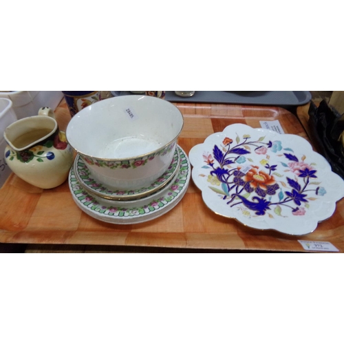 372 - Tray of assorted items: pewter Art Nouveau dish, flower shaped Wileman Foley 'Imari' style plate, Qu... 