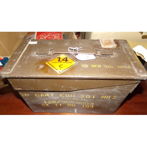 381 - Military ammunitions box labelled 'UK Military Explosive 1.4C capacity 20 cart ERU201MK in cylinders... 