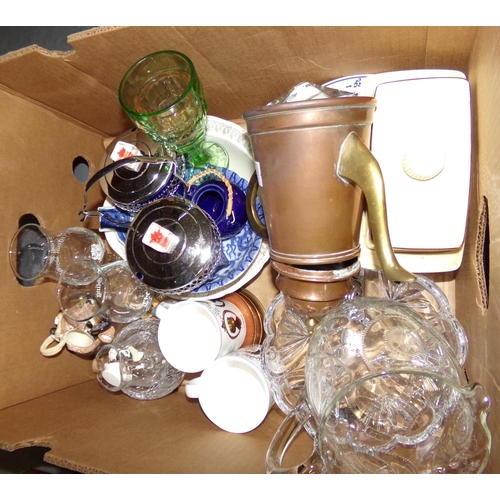 383 - Box of assorted china, glass and metalware: copper plated coffee pot with brass handle, spout and fi... 