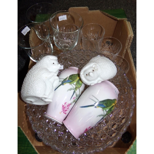 388 - Small box of glassware and ceramics: pair of Elvira budgerigar vases, two white ceramic hedgehogs, p... 