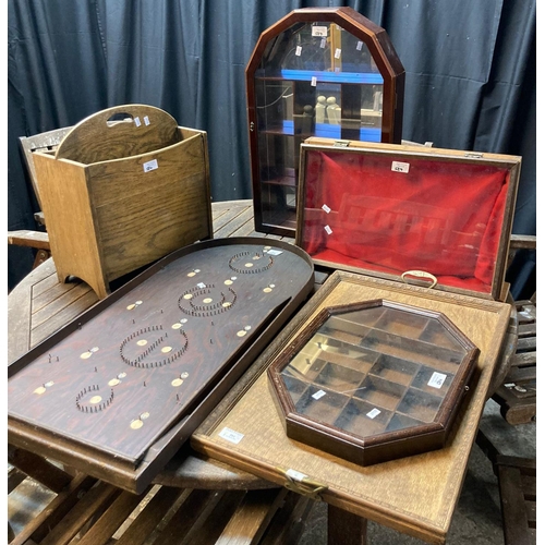 584 - Oak tray, oak jewellery case, pine magazine rack, two oak display cases and a vintage Bagatelle boar... 