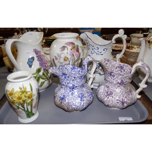 400 - Tray of assorted ceramics: large Portmeirion 'Botanic Garden' jug decorated with lilac with two 'Bot... 