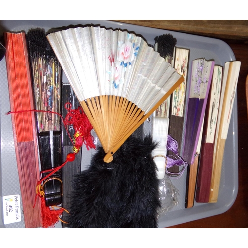 402 - Tray of vintage and souvenir fans: silk, paper, feather etc.  Various decorations.  (12)   (B.P. 21%... 