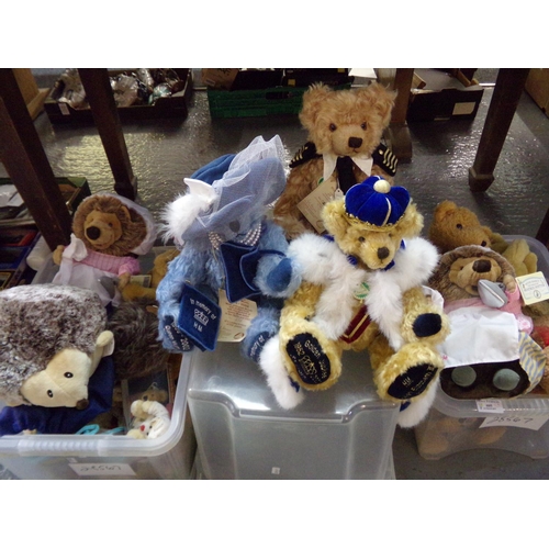 405 - Three boxes of cuddly toys and teddy bears: Gund teddy bear with original label, musical Gund Winnie... 