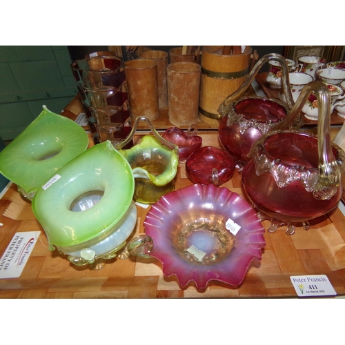 411 - Tray of 19th century cranberry and green glassware: two cranberry glass baskets with white frills an... 