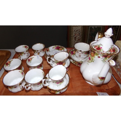 412 - Tray of Royal Albert 'Old Country Roses' coffee ware: six coffee cups and saucers, a coffee pot, two... 