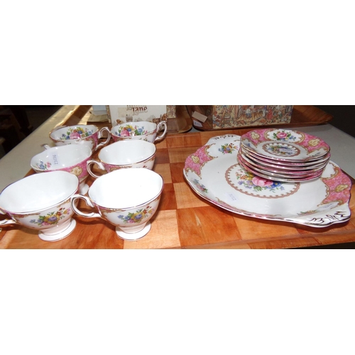 415 - Tray of Royal Albert 'Lady Carlysle' part tea ware: six teacups and saucers and a sandwich plate.  (... 