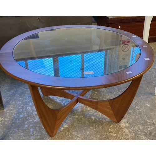 560 - G Plan style teak circular coffee table with plate glass top and cruciform base.  83cm diameter.  (B... 