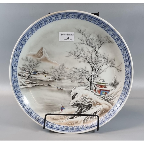 61 - Chinese porcelain small charger with a motif depicting figures, trees and buildings in a snow scene ... 