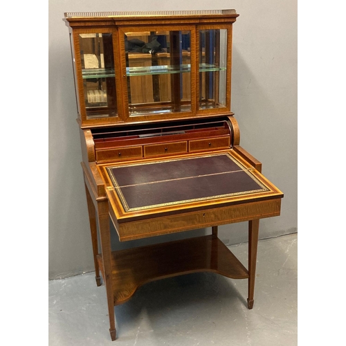 10 - Edwardian mahogany and satinwood lady's bonheur du jour, the brass pierced gallery top above a glaze... 