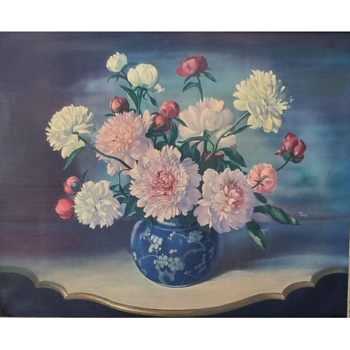 111 - Wilf Walker (20th Century, British), still life study, 'Summer Fantasy-Peonies', signed, oils on can... 