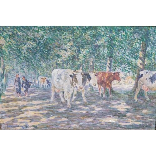 127 - Continental School,(early 20th century), cattle amongst trees with figures in dappled light, indisti... 