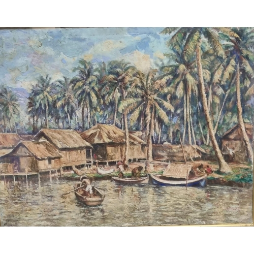 130 - Burmese school, riverside settlement on stilts with figures in boats amongst palm trees, oils on can... 