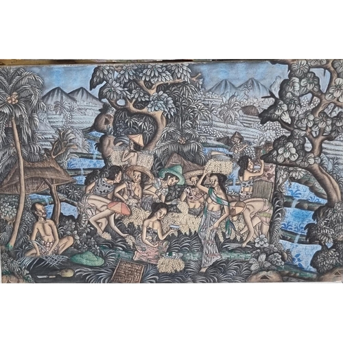 131 - Indo Burmese school, figures harvesting crops, oils on canvas.  36x56cm approx.  Framed.   (B.P. 21%... 