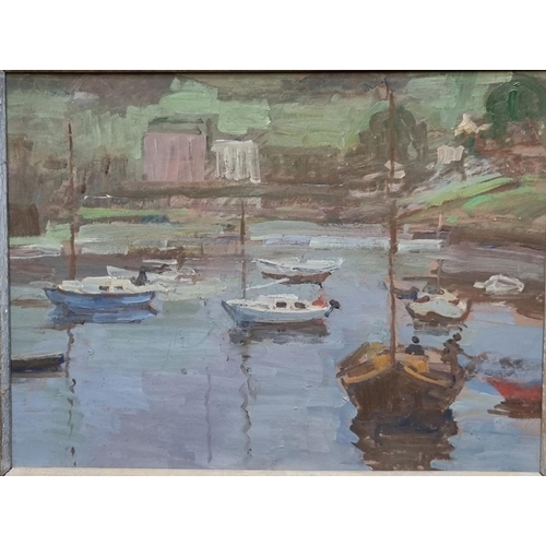 132 - R Ovendale (Welsh 20th century), harbour scenes, Aberaeron, with boats, two similar oils on board.  ... 