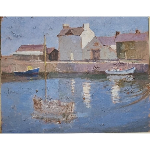 132 - R Ovendale (Welsh 20th century), harbour scenes, Aberaeron, with boats, two similar oils on board.  ... 