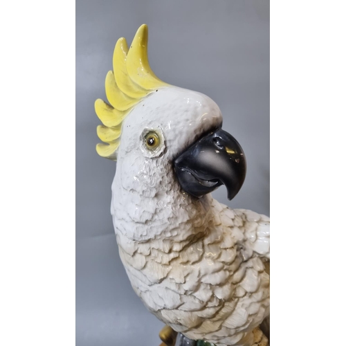 154 - Mid century ceramic probably continental study of a yellow crested Cockatoo perched on a branch amon... 