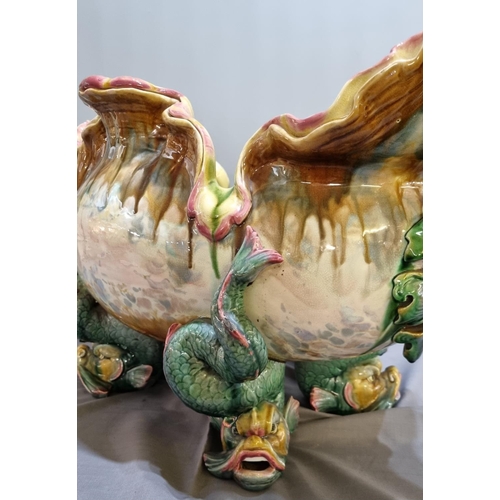 158 - Victorian Majolica two handled jardinière in Art Nouveau style with organic handles, having multi co... 