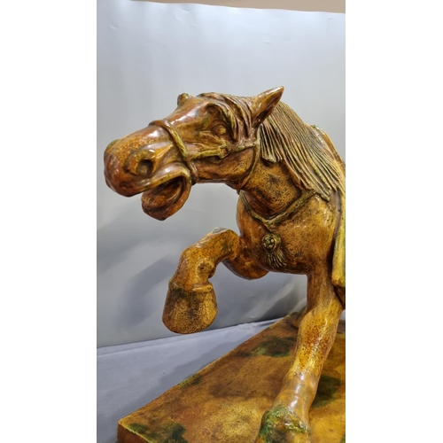 159 - Chinese Sancai glazed Tang style horse on rectangular base. 70cm long approx, 44cm high approx.  (B.... 