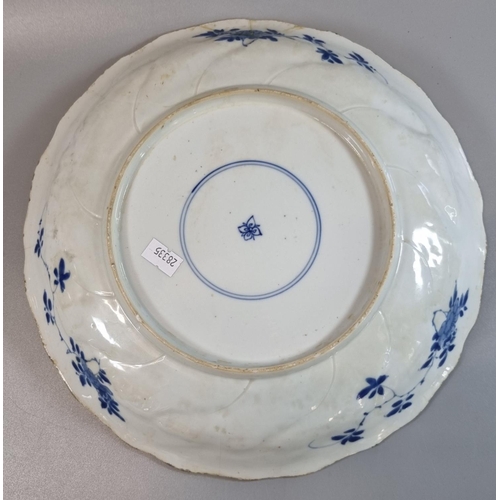 168 - Chinese porcelain underglaze cobalt blue and white dish, with foliate rim depicting flowers and foli... 