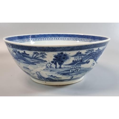 169 - Chinese porcelain blue and white bowl, decorated inside and out with late 18th century style landsca... 