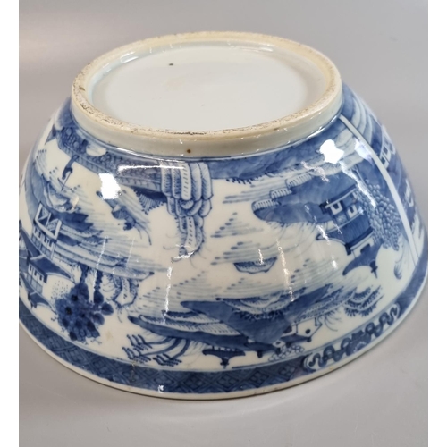 169 - Chinese porcelain blue and white bowl, decorated inside and out with late 18th century style landsca... 