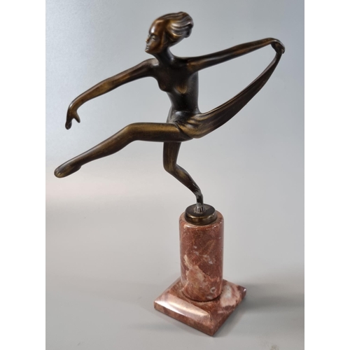 180 - After Ferdinand Preiss, patinated bronze study of a dancing lady on tall plinth.  38cm high approx, ... 