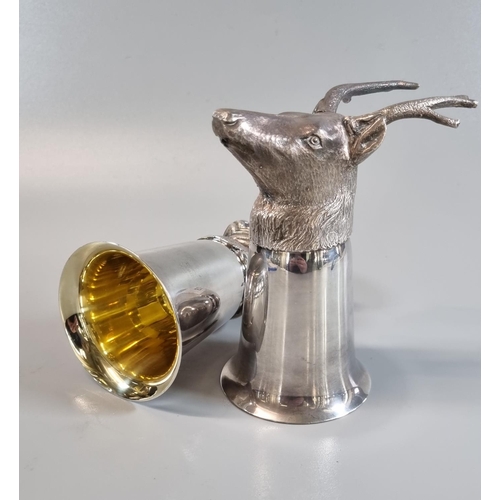 183 - Two modern silver plated stirrup cups in the form of a stags head and a capercaillie bird, probably ... 