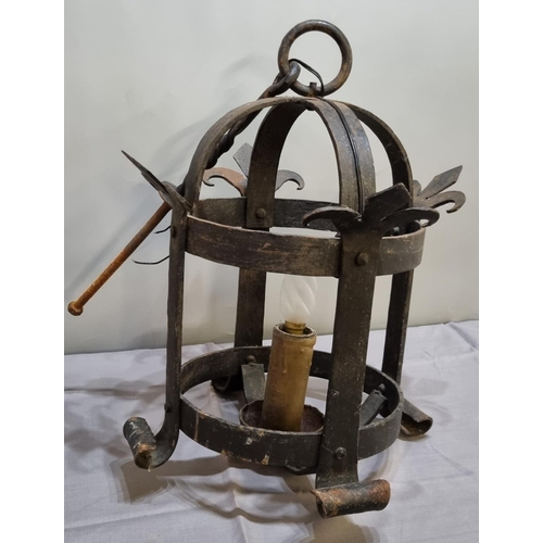 190 - Medieval style wrought iron hall lantern with fleur-de-lis decoration.  54cm high approx.  (B.P. 21%... 