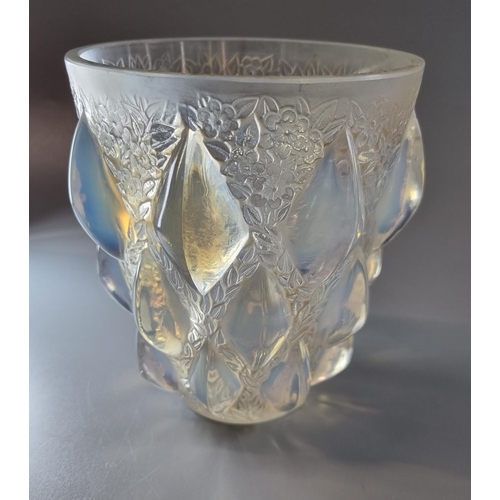 196 - Rene Lalique 'Rampillon' opalescent glass vase, model 991, designed 1927.  Moulded diamond pattern s... 