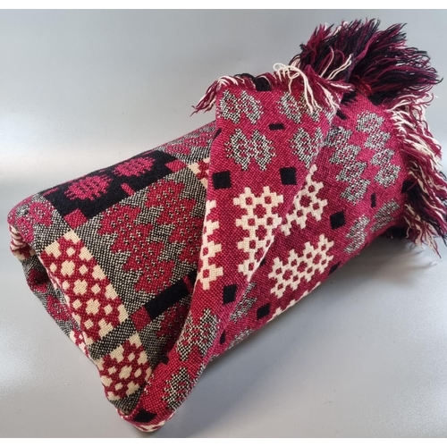 217 - Vintage woollen Welsh tapestry blanket or carthen in red, black and cream, traditional Caernarfon de... 