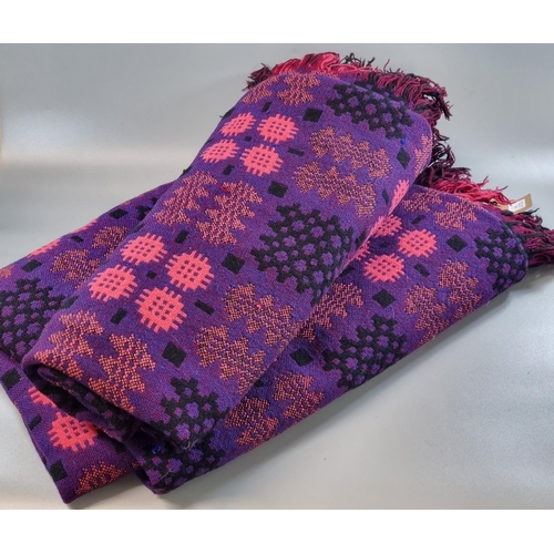 218 - Vintage woollen Welsh tapestry blanket or carthen in black, purple and red colours, traditional Caer... 