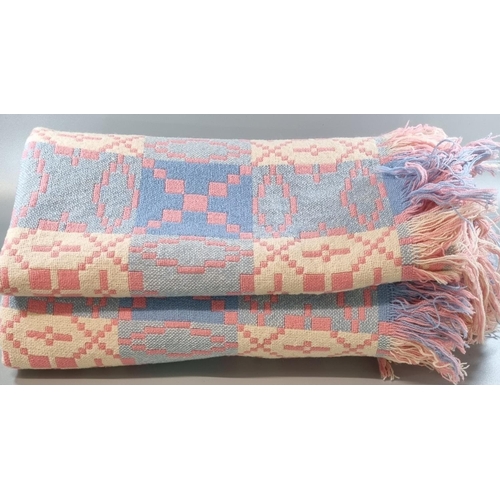 219 - Vintage woollen Welsh tapestry blanket in pink, blue and cream colours, geometric design with fringe... 