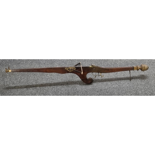 223 - Unusual 19th century Belgian mahogany target cross bow, having bronze and steel sights, iron bow and... 