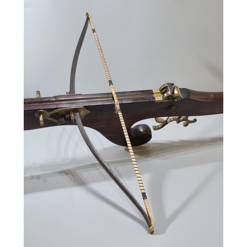 223 - Unusual 19th century Belgian mahogany target cross bow, having bronze and steel sights, iron bow and... 