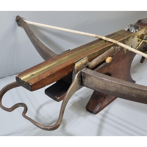 223 - Unusual 19th century Belgian mahogany target cross bow, having bronze and steel sights, iron bow and... 