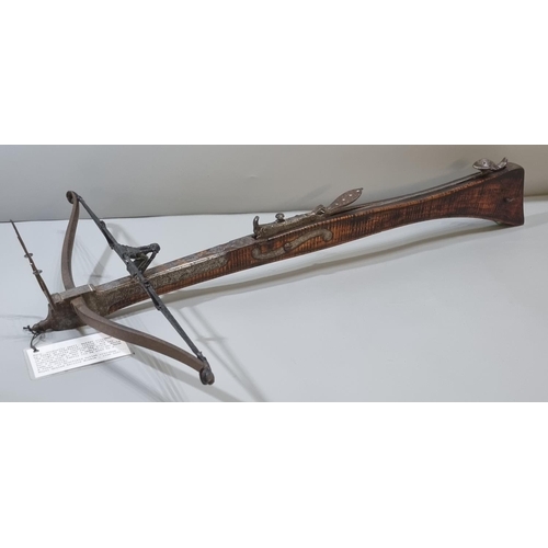 224 - Unusual small 18th century bullet crossbow by 'Sykes of Dronfield' having hardwood stock with steel ... 