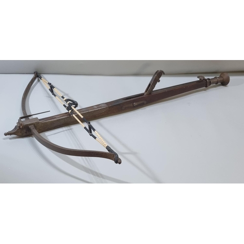 225 - George III English stone crossbow having mahogany stock, steel bow with hinged fork foresight, and s... 